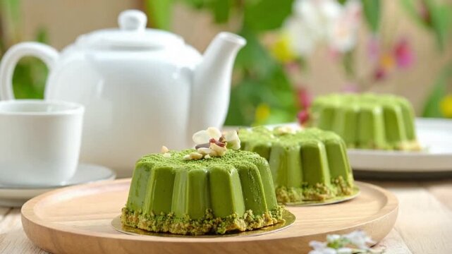 Delicious matcha green tea desserts with teapot and teacup on wooden table