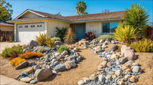 Suburban residential dwelling featuring xeriscaping with drought tolerant plants and decorative stones