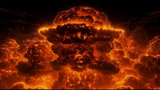 Fiery explosion with glowing molten clouds and intense orange flames in a dark environment
