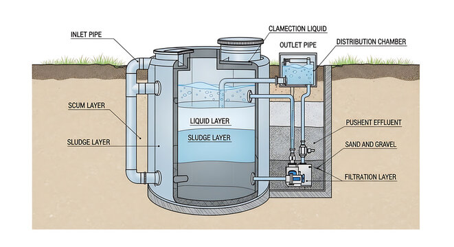 Detailed technical illustration of an underground septic tank system showing a cross section cutaway of a buried cylindrical reservoir with inlet and outlet drainage pipes for sewage treatment.