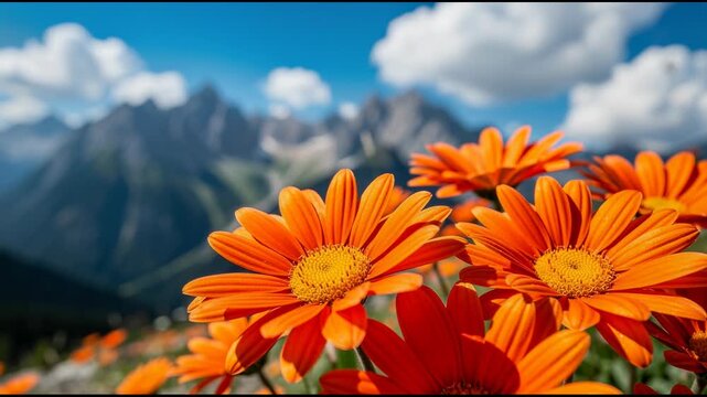 Bright orange daisy flowers blooming in a mountain landscape under blue sky with clouds