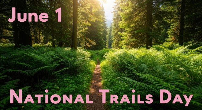 Serene forest trail on National Trails Day with sunlight filtering through trees