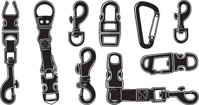 Collection of various carabiner clips and hooks on display