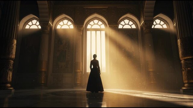 Silhouette of a woman in a long dress standing in a grand sunlit historic palace interior with ornate columns and tall windows