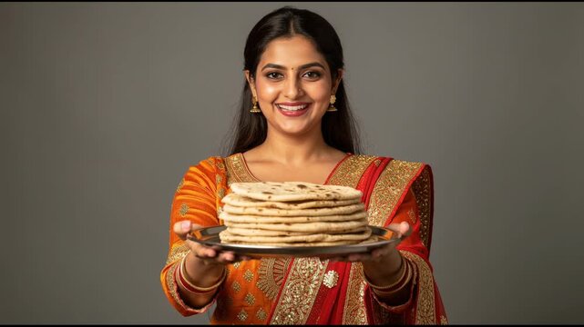 Happy Indian woman in traditional saree holding plate of freshly made roti bread isolated on grey