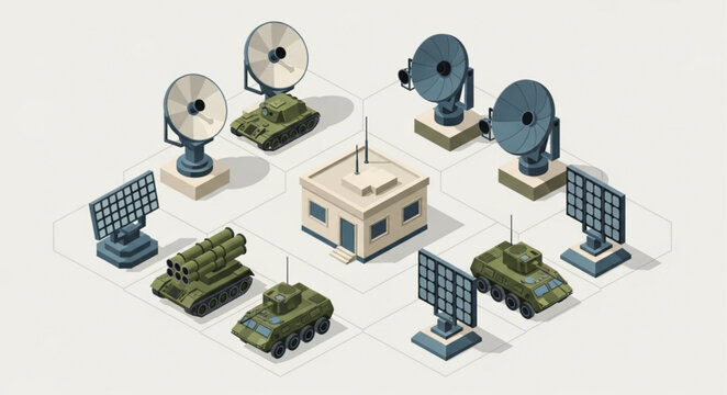 Isometric Military Base with Tanks, Radars, and Control Building.