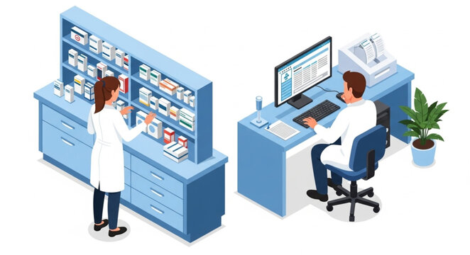 Isometric Pharmacy Scene - Pharmacists Working with Medications and Computer.