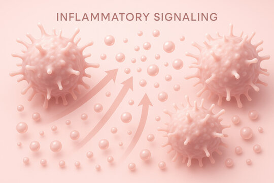 Medical visualization of inflammatory signaling showing immune cell communication. biology concept details inflammation response with pink particles for immunology study