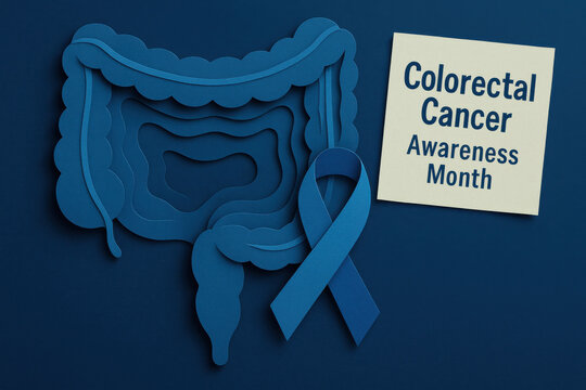 Colorectal cancer awareness month illustration showing human colon anatomy. supportive blue ribbon and note symbolize health campaign and medical prevention message