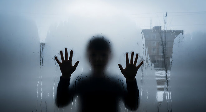 Melancholic silhouette of a young child pressing small hands against a cold fogged window pane evoking a profound sense of isolation fear and the urgent need for trauma informed care support