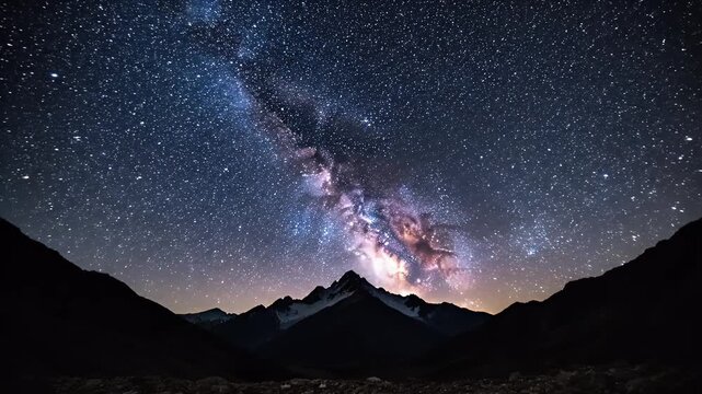 Milky Way Arch over Mountain Silhouette - Astrophotography video of the Milky Way galaxy arching over a dark mountain silhouette at night.
