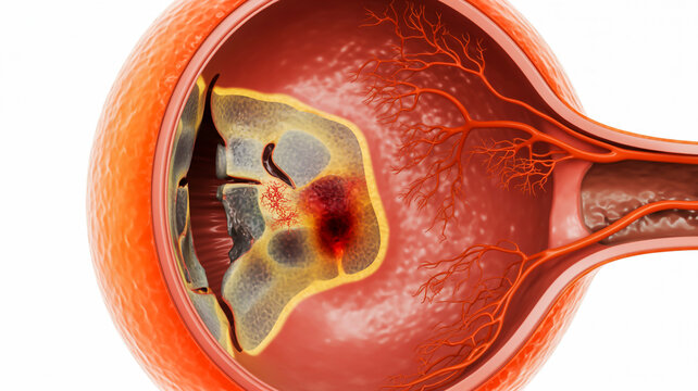 Detailed medical illustration of a severe retinal detachment with subretinal hemorrhage in a human eye, showing damaged vessels
