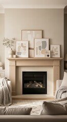 Naklejka premium Fireplace mantel decorated with abstract art in living room