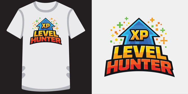 Colorful gaming tshirt design featuring a vibrant xp level hunter logo with bold typography and pixelated elements perfect for gamers and esports enthusiasts