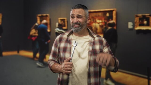 Man holding wrench and shrugging shoulders among framed paintings in a building gallery, beard and clenched hand visible; bemusement art humor.