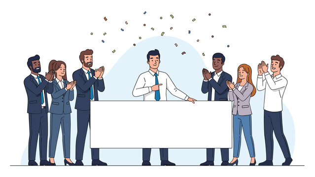 Group of business people applauds a male colleague who is holding a large blank white sign for an advertisement or a corporate presentation.