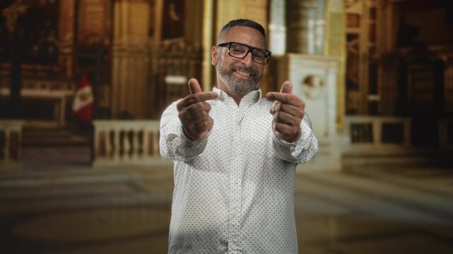Man smiling and making finger heart gesture with hands inside ornate church building; playful warmth joy.