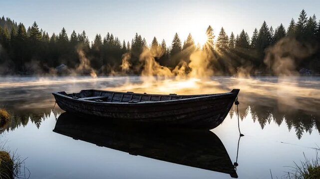 Weathered wooden rowboat anchored on a calm misty lake at sunrise