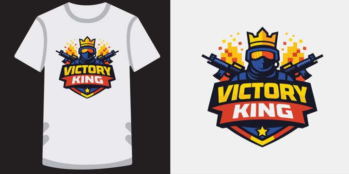 Creative gaming logo design featuring a victory king character with guns and crown illustration perfect for esports teams and gamers tshirt print