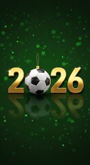 Fototapeta premium High Quality, Professional Soccer ball ornament replacing zero in shiny gold 2026 year numbers on green background with sparkles Stock Photo, AI Generated