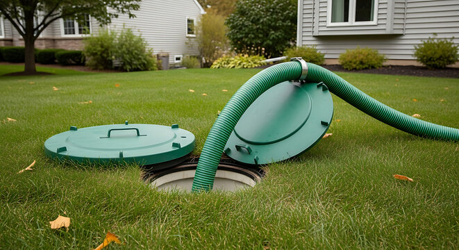 Green industrial suction hose inserted into open septic tank riser on lush residential lawn, professional sanitation maintenance service for residential wastewater management and plumbing