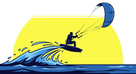 Kitesurfer riding a wave with a kite in the sky, bright sun background © hana