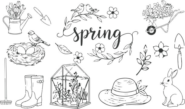 Whimsical hand-drawn spring elements illustration in a minimalist line art style using black ink on a clean white background