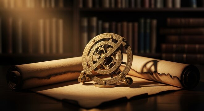 Antique brass astrolabe and scrolls resting on aged paper with bookshelves in background