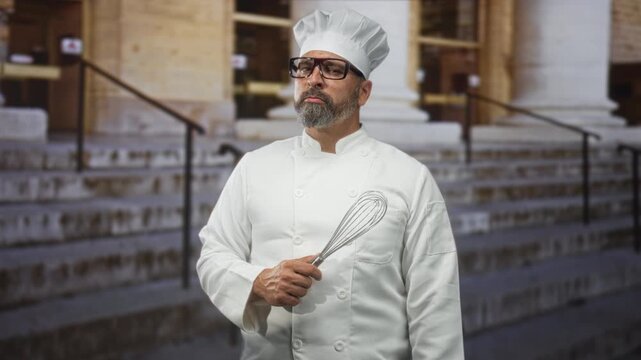 Man chef wearing white uniform and chef hat holding whisk in hand at chest level on stone building steps outside; calm pride dedication.