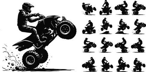 ATV rider silhouette performing stunts quad bike action set off road adventure extreme sports illustration black vector collection dynamic poses