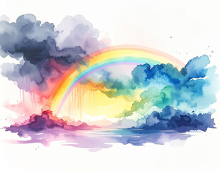 Fototapeta premium Vibrant watercolor rainbow arches across a dramatic sky filled with expressive clouds, symbolizing hope and beauty after a storm. Artistic illustration of natural wonder