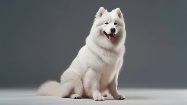 Happy White Samoyed Dog Sitting in Studio with Gray Background
