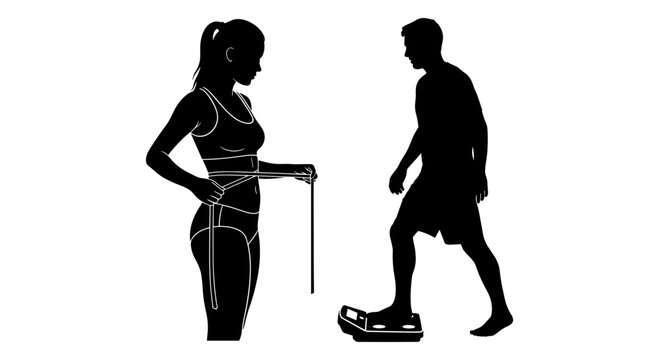 A man stepping on a scale while a woman measures her waist with a tape measure Vector, illustration