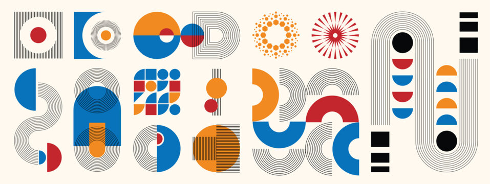Mid century modern geometric abstract vector set with blue red yellow black circles, arches and striped retro modular elements. Minimal decorative design for posters, branding, wall art and layouts.