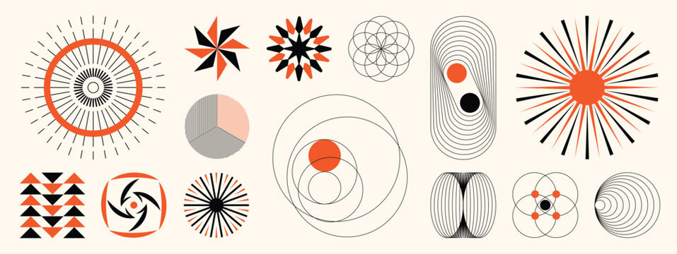 Mid century modern geometric abstract vector set with orange black radial sunburst circle line and retro atomic shapes. Minimal vintage design elements for posters, branding, wall art and decorative.