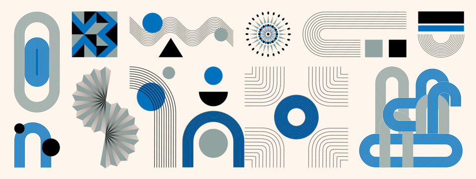 Mid century modern geometric abstract vector set with blue gray black line shapes, arches, circles and retro modular elements. Minimal decorative design for posters, branding, wall art and layouts.