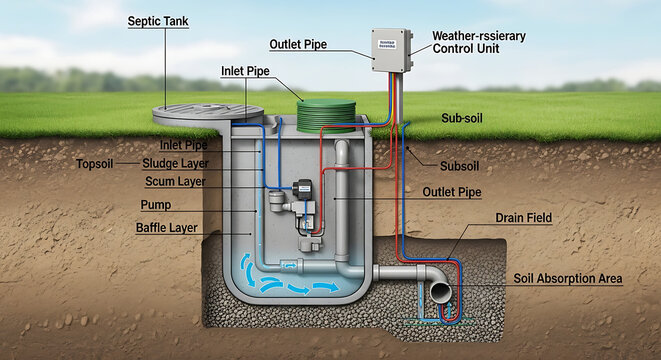 Detailed technical cutaway diagram of a residential underground septic system scheme featuring sewage treatment chambers, drainage pipeline, pump station, and concrete filtration structure.