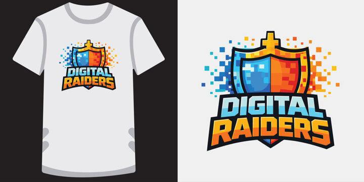 Creative retrostyle pixelated gaming logo design for esports team on white tshirt mockup showcase