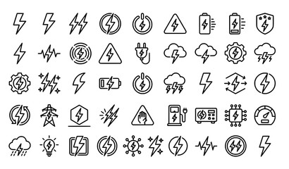 Modern lightning bolt outline icons collection with electric power energy and circle symbols vector set © Nahid