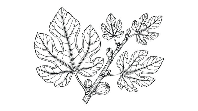 Detailed black and white drawing of a fig branch with leaves and fruits