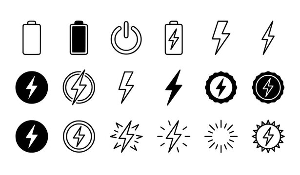 Electric lightning bolt line icons set with energy power charge and circle symbols minimal outline vector