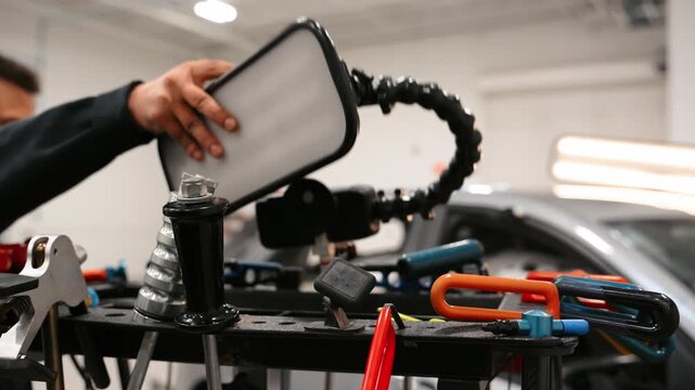 Technician using paintless dent repair tools to fix car body damage in workshop without repainting.