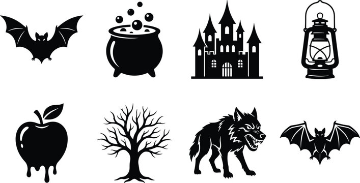 Halloween icons set with bat cauldron castle lantern wolf tree and poisoned apple silhouettes vector illustration spooky design elements