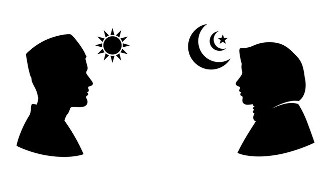 A man and a woman in silhouette facing each other with a sun and a moon Vector, illustration