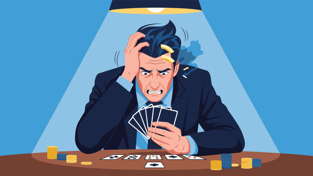 Stressed businessman in a suit sitting at a gambling table under a spotlight while feeling frustrated and anxious about his card game.