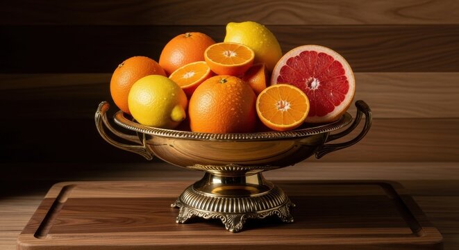 A beautiful brass compote dish filled with a vibrant assortment of fresh citrus fruits, showcasing a delightful harvest.