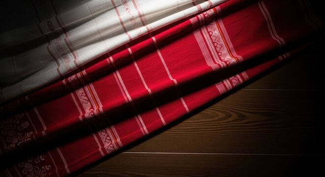A vibrant red and white mekhela chador draped diagonally on a dark wooden surface