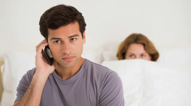 Hesitating husband makes a phone call in bed while being with a wife