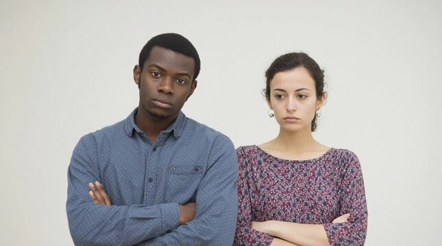 American family: White wife suspects her Black husband in marital unfaithfulness, but the man stays his ground saying he's not guilty. Scene in interracial family. Mixed couple