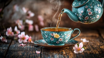 Steaming Hot Tea Being Poured into a Decorative Cup.